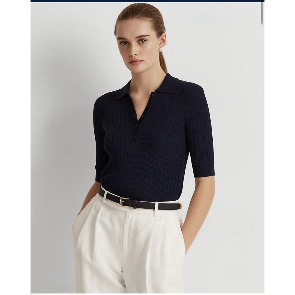 Lauren Ralph Lauren Navy Cable Knit Polo Sweater M Quiet Luxury Preppy Academia⁠